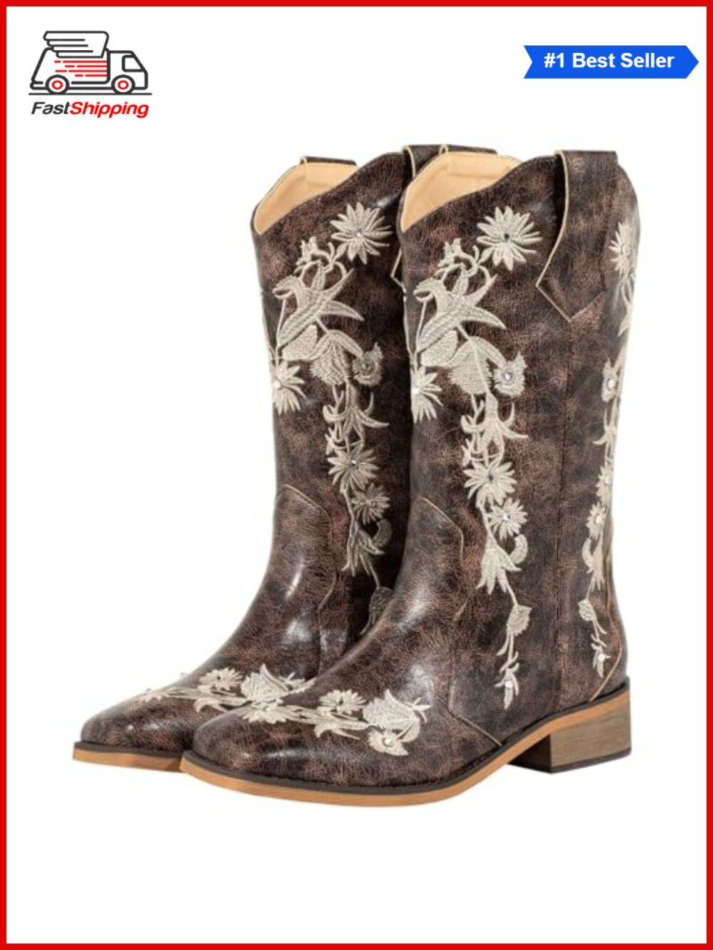 ✨Women's SheSole Floral Rhinestone Square Toe Western Cowboy Boots Calf High
